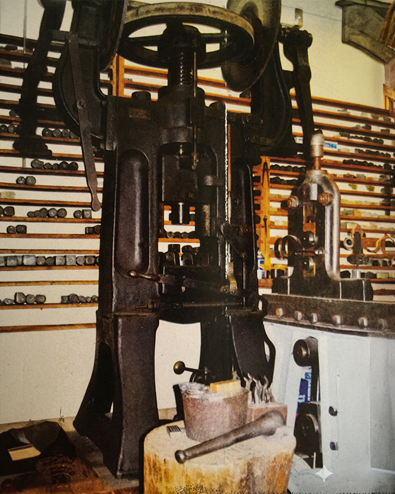 The 1921 Bedichimer screw press in the Wise Family Jewelers workshop